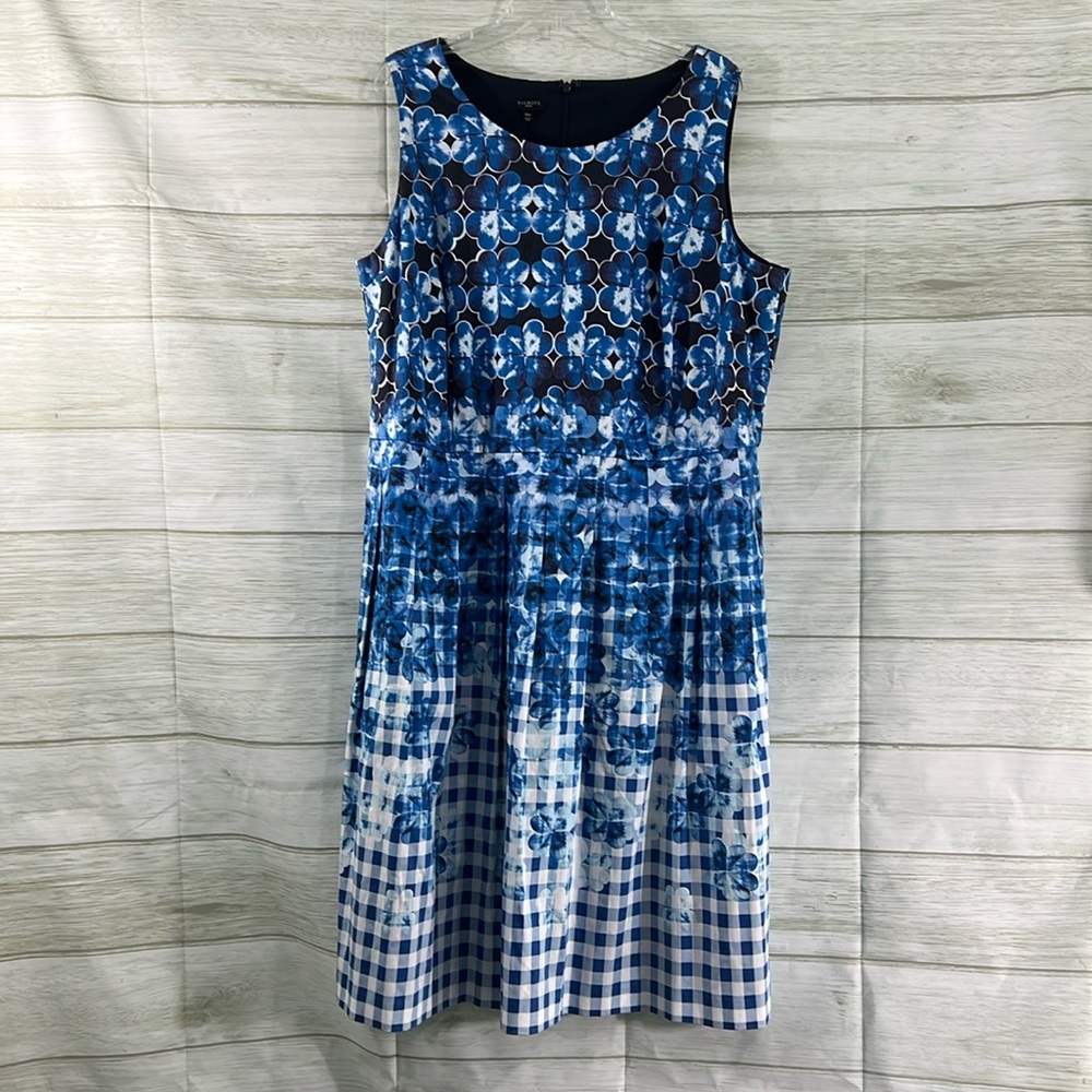 Talbots blue clover gingham pleated knee length a-line dress spring floral plaid